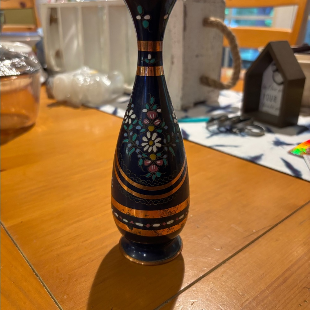 Handcrafted Floral Vase - Blue and Gold
